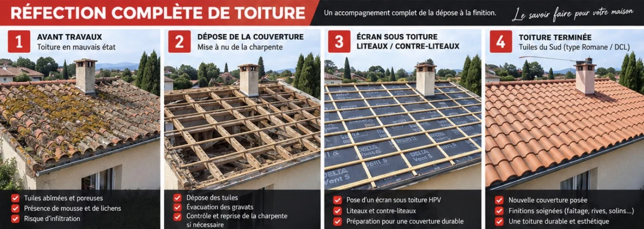 Réfection complète de toiture avant travaux dépose écran sous toiture et couverture terminée