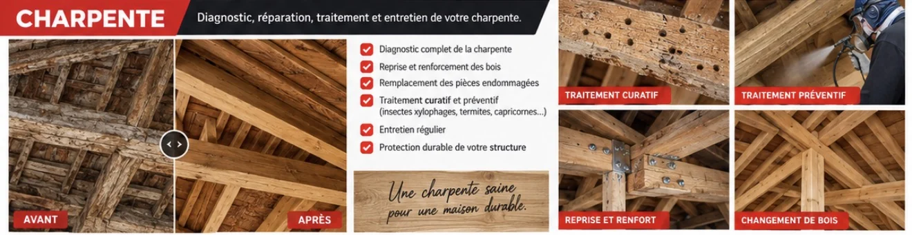 Charpente diagnostic réparation traitement préventif curatif et remplacement de bois